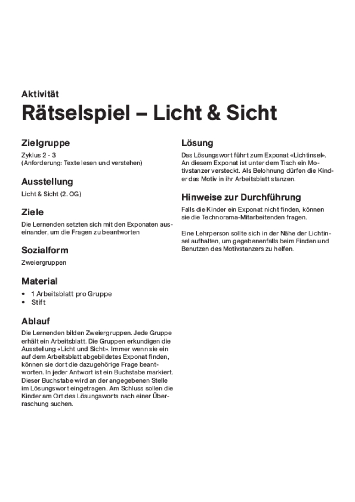 Rätselspiel Lichtund Sicht